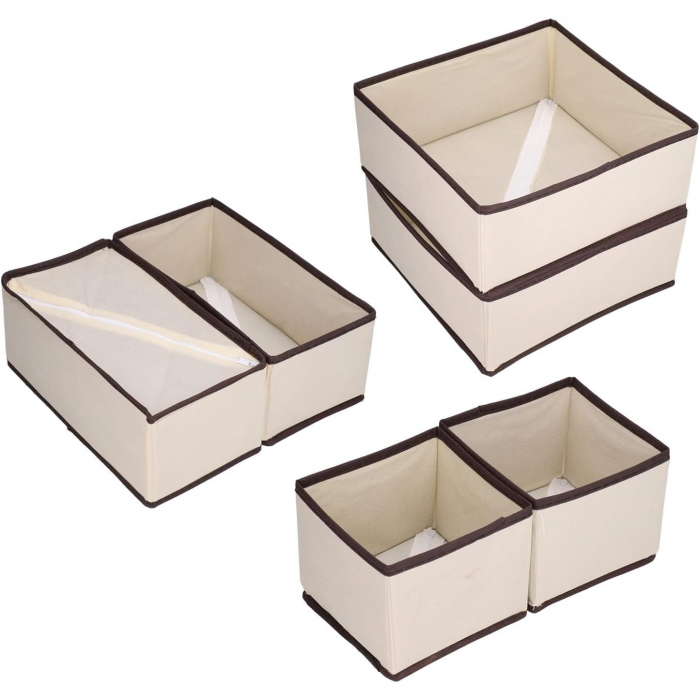 Lichidare Organizator pentru Sertar, Flippy, 3 Marimi, pentru Lenjerie, Tricouri, Sosete, 6 Piese, Pliabil, Stivuibil, din Tesatura, Alb/Maro [2]