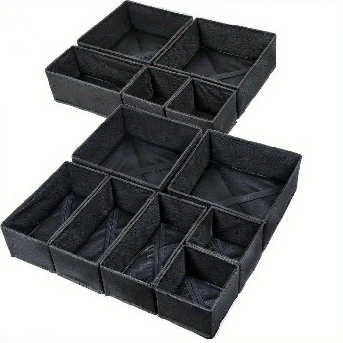 Organizator pentru Sertar, Flippy, 3 Marimi, pentru Lenjerie, Tricouri, Sosete, 6 Piese, Pliabil, Stivuibil, din Tesatura, Negru [6]