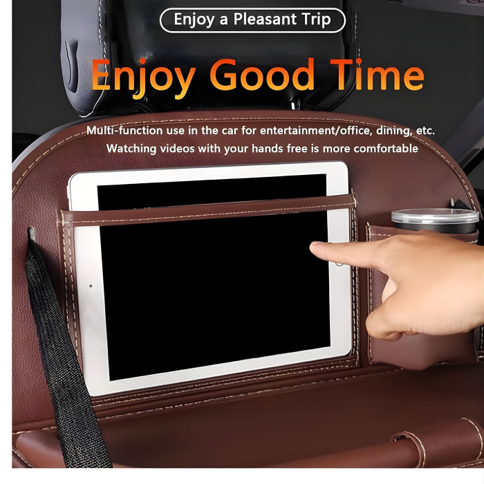 Organizator Spate Scaun Auto, Flippy, Masa Pliabila, Piele Ecologica, Impermeabil, Suport pentru Tableta, Sortare Lucruri si Protejare Tapiterie, 40 x 63cm, Maro [5]