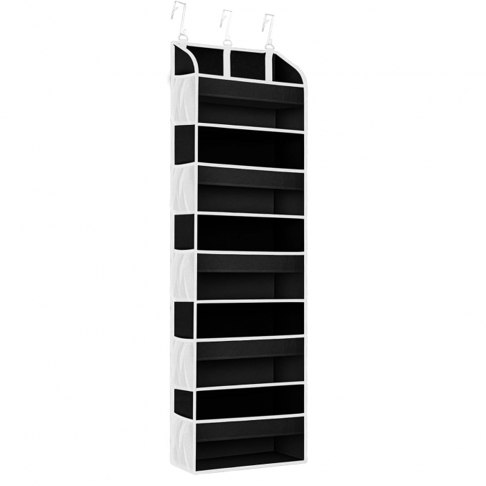 Organizator Suspendat pentru Usi, Flippy, din Nailon si Plasa, Baza de Carton Ingrosat, 5 Buzunare Principale + 10 Buzunare Laterale, 140 x 39 x 17 cm, 3 Carlige Incluse, Negru [1]