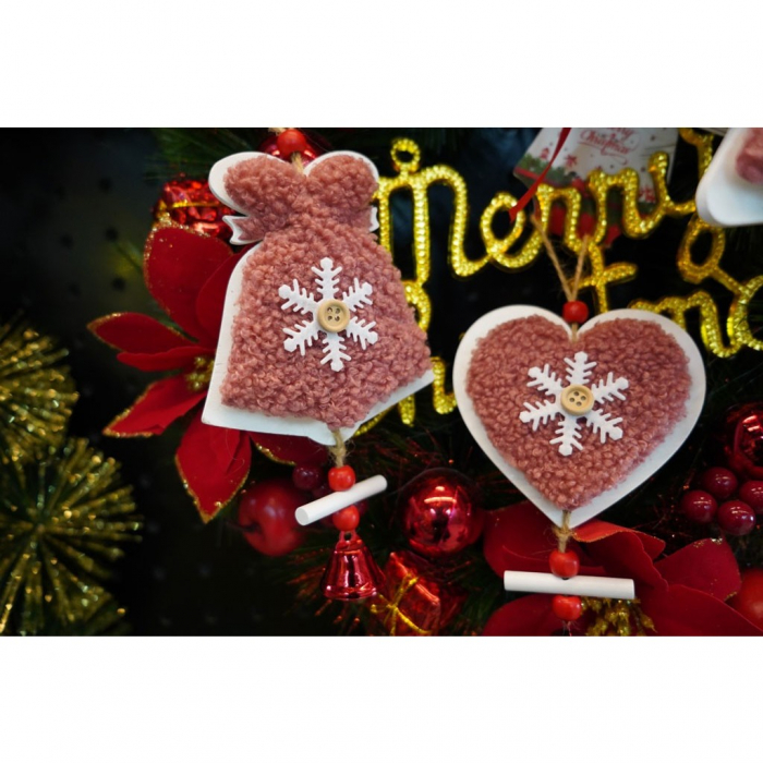 Ornament de brad broderie cu inima, Flippy, roz, lemn, 18 cm [5]