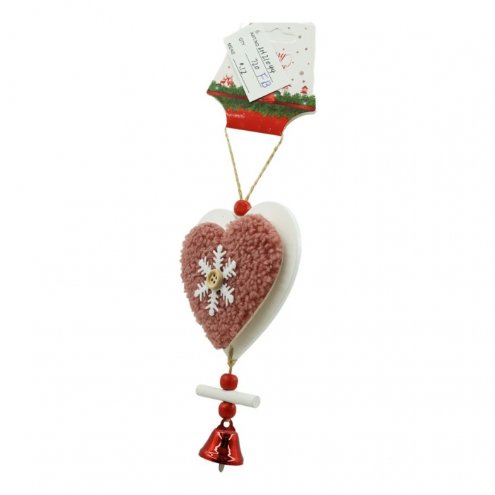 Ornament de brad broderie cu inima, Flippy, roz, lemn, 18 cm [2]