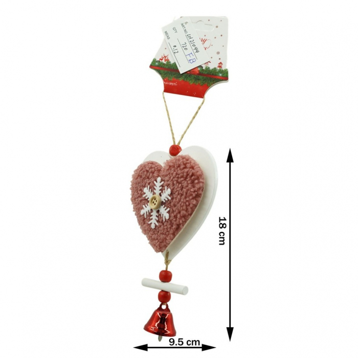 Ornament de brad broderie cu inima, Flippy, roz, lemn, 18 cm [3]