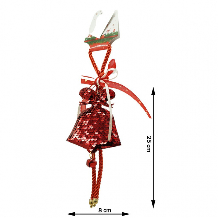 Ornament de brad clopotel cu paiete, Flippy, rosu, lemn, 25 cm [3]