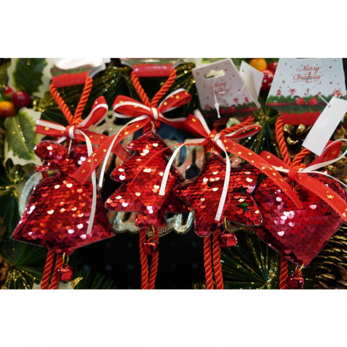 Ornament de brad clopotel cu paiete, Flippy, rosu, lemn, 25 cm [5]