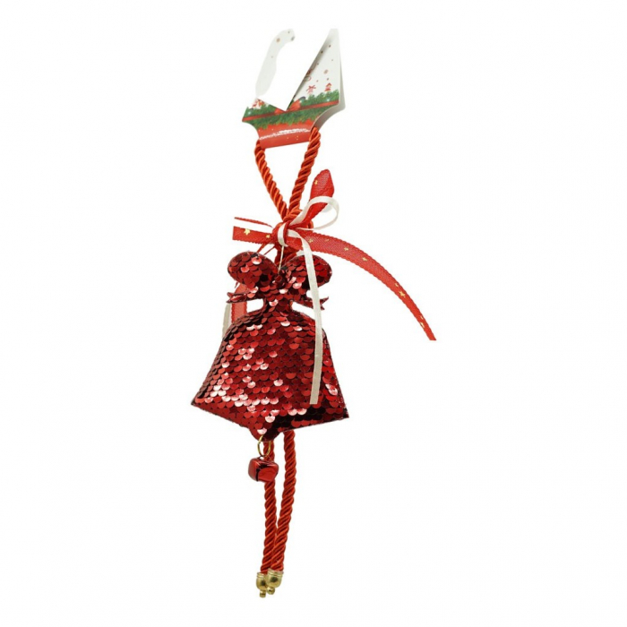 Ornament de brad clopotel cu paiete, Flippy, rosu, lemn, 25 cm [2]