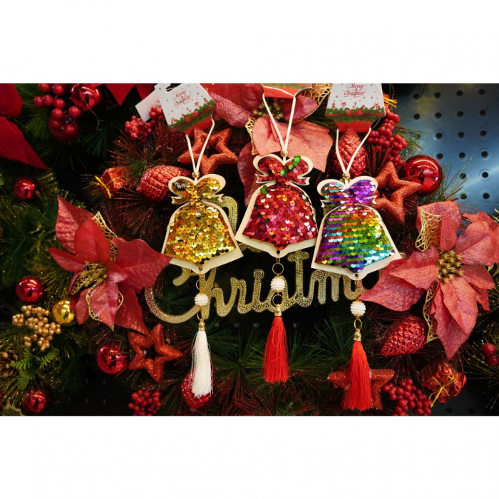 Ornament de brad clopotel cu paiete model 2, Flippy, auriu, lemn, 36 cm [9]
