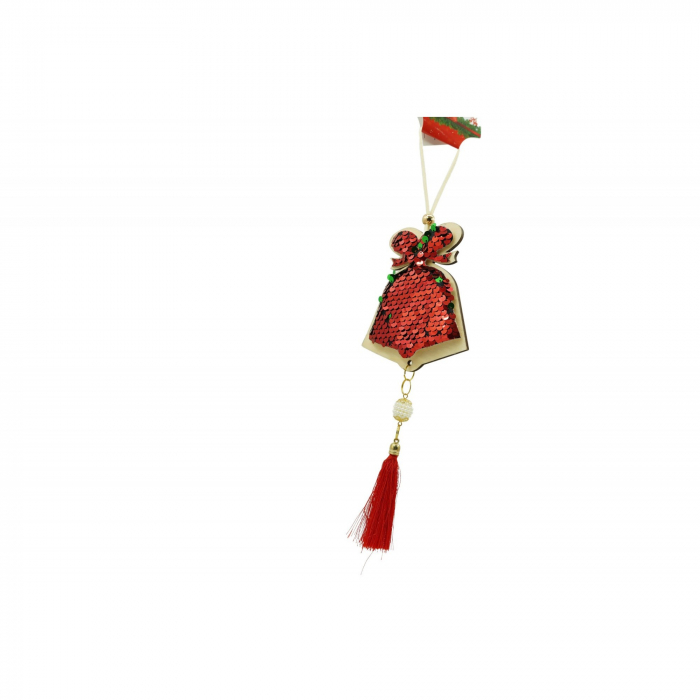 Ornament de brad clopotel cu paiete model 2, Flippy, rosu, lemn, 36 cm [7]