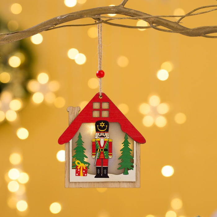 Ornament de Brad, Flippy, cu Lumini LED, din Lemn, Figurina Spargatorul de Nuci, Model Casuta, Multicolor [2]