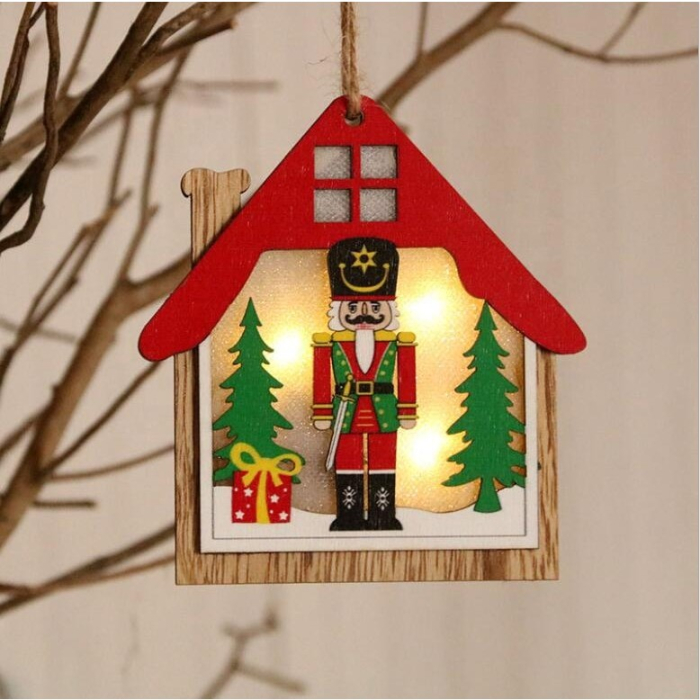 Ornament de Brad, Flippy, cu Lumini LED, din Lemn, Figurina Spargatorul de Nuci, Model Casuta, Multicolor [3]