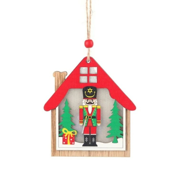 Ornament de Brad, Flippy, cu Lumini LED, din Lemn, Figurina Spargatorul de Nuci, Model Casuta, Multicolor [1]