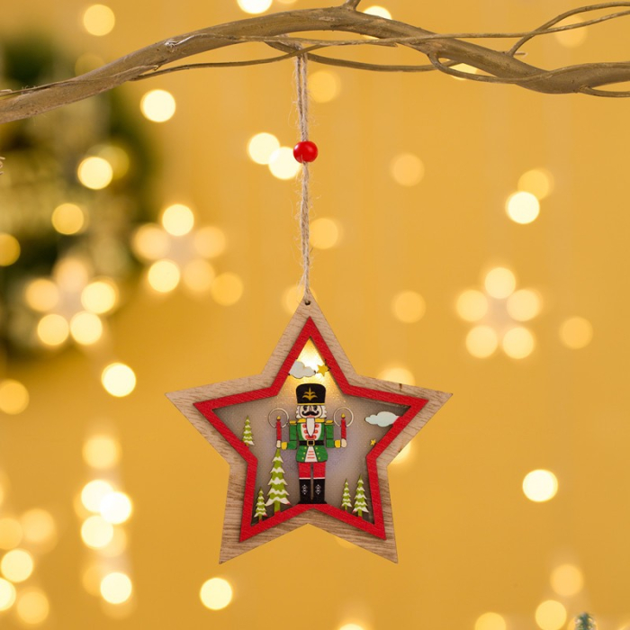 Ornament de Brad, Flippy, cu Lumini LED, din Lemn, Figurina Spargatorul de Nuci, Model Stea, Multicolor [2]