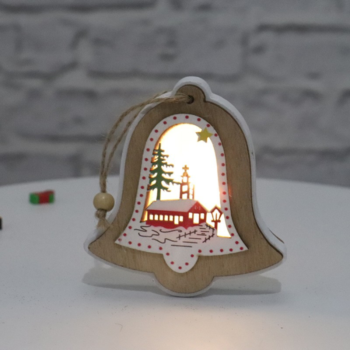 Ornament de Brad, Flippy, cu Lumini LED, din Lemn, Model Clopot, Multicolor [2]