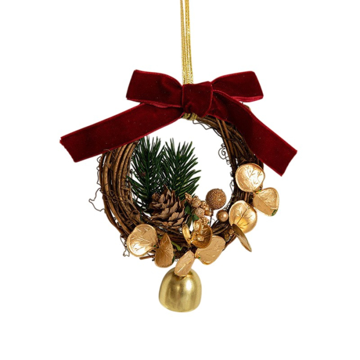 Ornament de Brad, Flippy, tip Coronita de Craciun cu 1 Clopotel cu Flori Aurii si Conuri de Brad, Panglica Rosie de Velvet, 14 x 10 cm, Rosu [3]