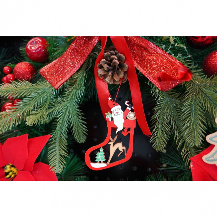 Ornament de brad Mos Craciun cu cerb, Flippy, multicolor, lemn, 10 cm [3]