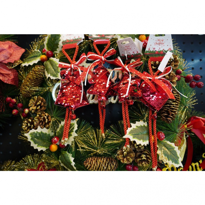 Ornament de brad pom de craciun cu paiete, Flippy, rosu, lemn, 25 cm [4]