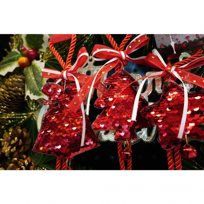 Ornament de brad pom de craciun cu paiete, Flippy, rosu, lemn, 25 cm [7]