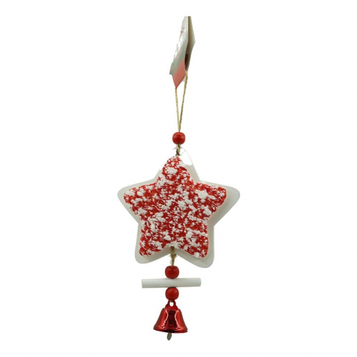 Ornament de brad stea din tweed, Flippy, alb/rosu, lemn, 18 cm [1]
