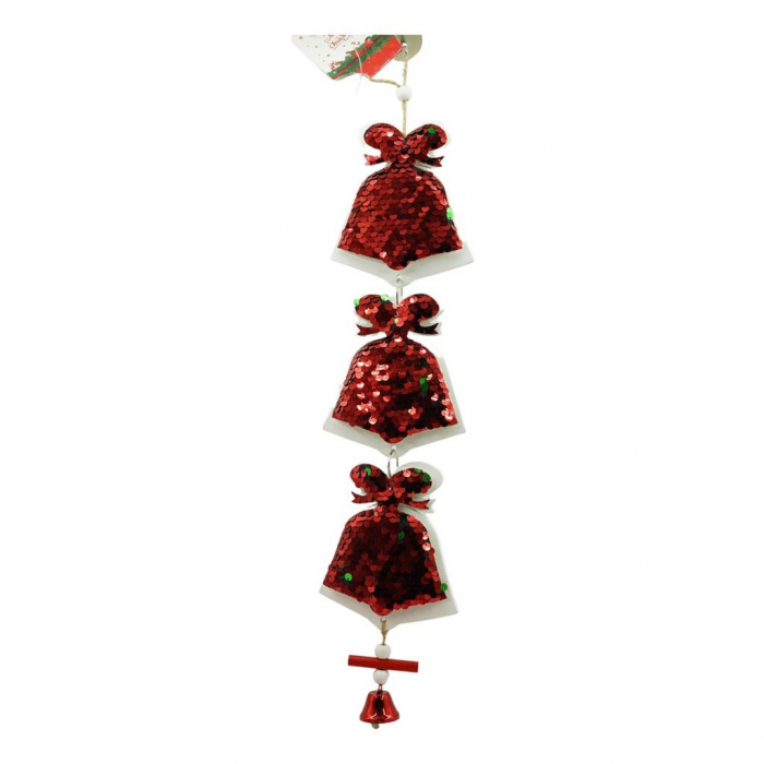Ornament de brad trei clopotei cu paiete, Flippy, rosu, lemn, 36 cm [2]