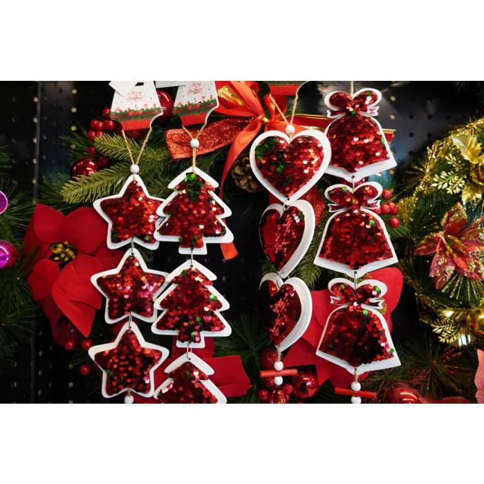 Ornament de brad trei clopotei cu paiete, Flippy, rosu, lemn, 36 cm [4]