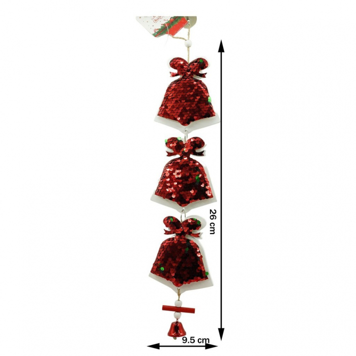 Ornament de brad trei clopotei cu paiete, Flippy, rosu, lemn, 36 cm [10]