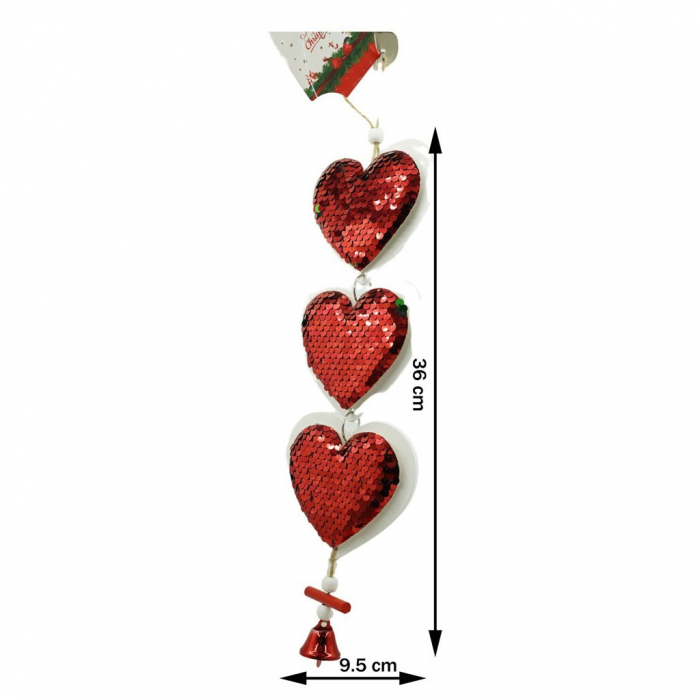 Ornament de brad trei inimi cu paiete, Flippy, rosu, lemn, 36 cm [7]