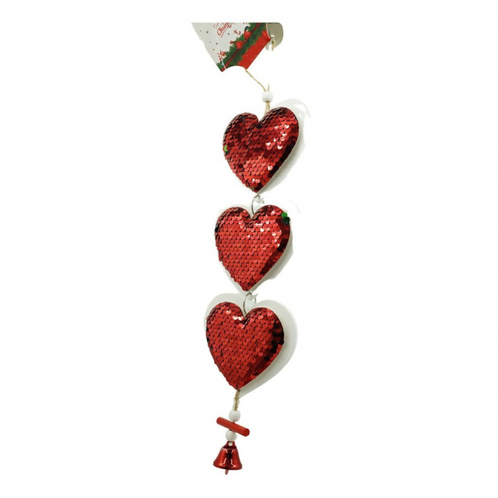 Ornament de brad trei inimi cu paiete, Flippy, rosu, lemn, 36 cm [6]