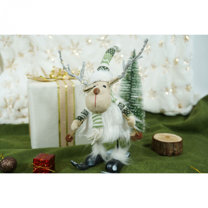 Ornament de Craciun ren pe schiuri, Flippy, alb/verde, textil, 33 cm [3]