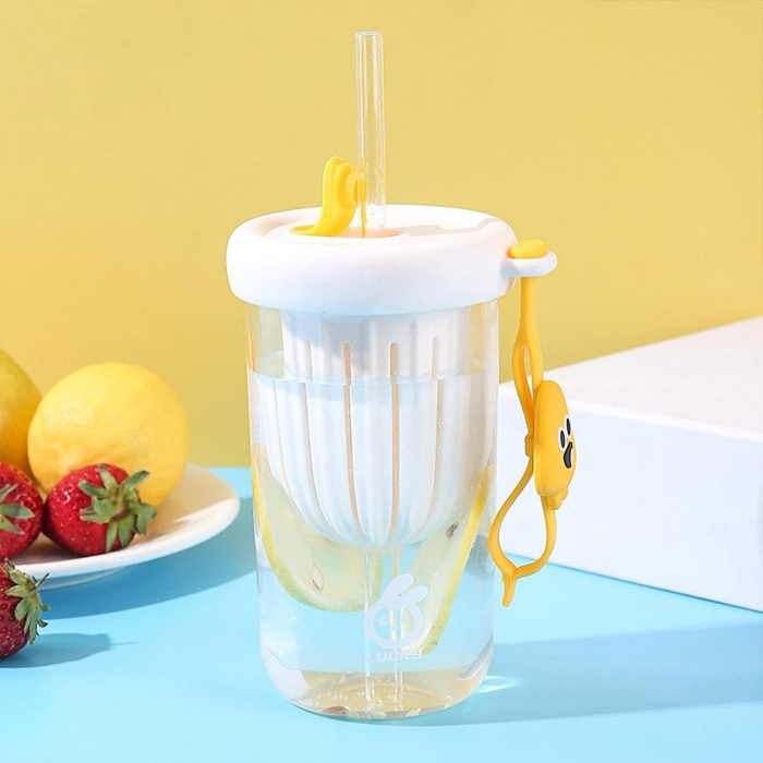 Pahar din silicon, cu capac si pai, pentru copii, Flippy, anti-cadere, compartiment pentru fructe/ceai/gheata, rezistent la temperaturi inalte, 500ml, Alb, 14.5x8.8x20 cm [4]