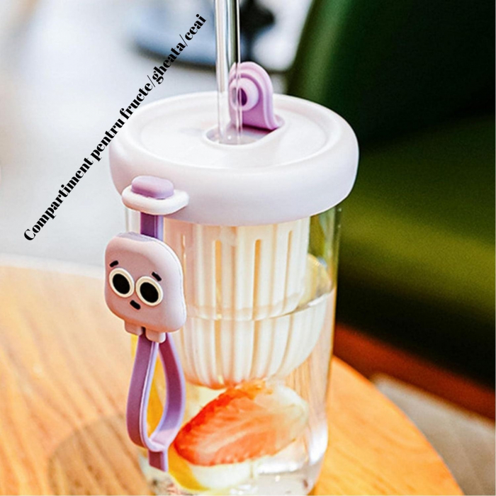 Pahar din silicon, cu capac si pai, pentru copii, Flippy, anti-cadere, compartiment pentru fructe/ceai/gheata, rezistent la temperaturi inalte, 500ml, Mov, 14.5x8.8x20 cm [2]