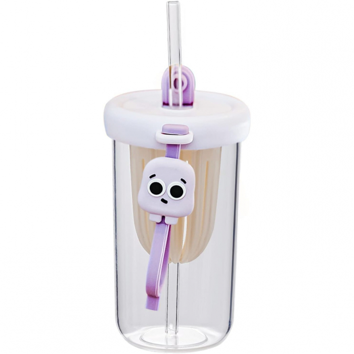 Pahar din silicon, cu capac si pai, pentru copii, Flippy, anti-cadere, compartiment pentru fructe/ceai/gheata, rezistent la temperaturi inalte, 500ml, Mov, 14.5x8.8x20 cm [1]