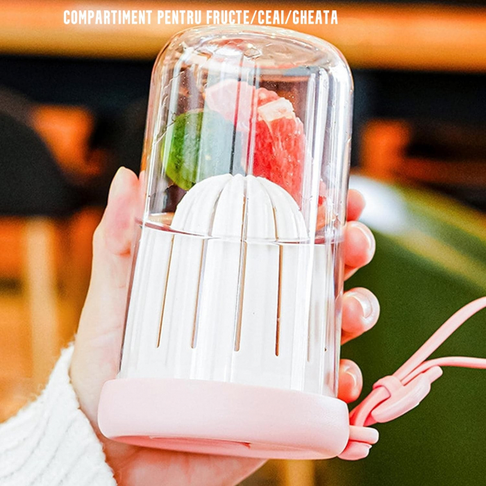 Pahar din silicon, cu capac si pai, pentru copii, Flippy, anti-cadere, compartiment pentru fructe/ceai/gheata, rezistent la temperaturi inalte, 500ml, Roz, 14.5x8.8x20 cm [3]