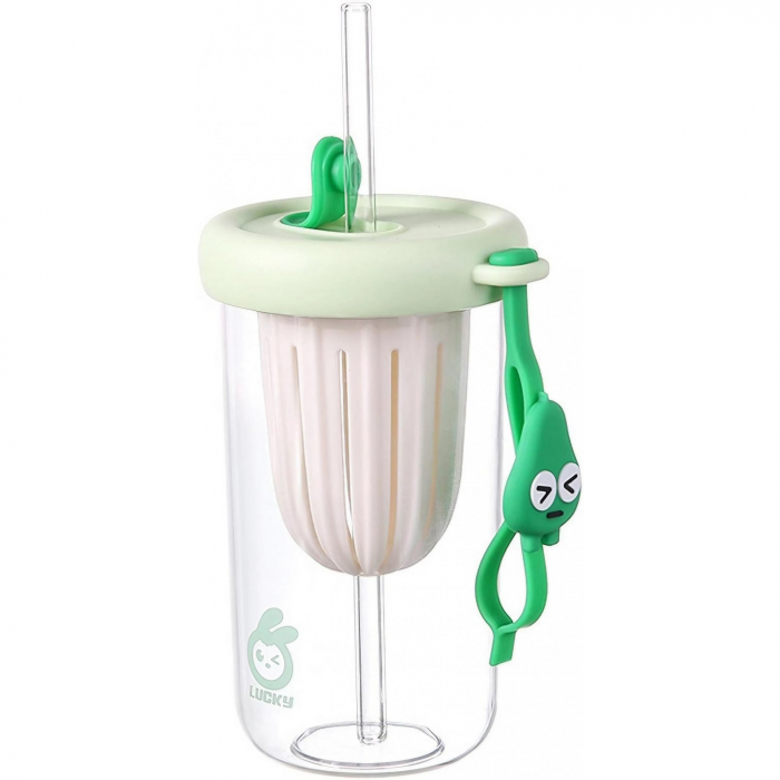 Pahar din silicon, cu capac si pai, pentru copii, Flippy, anti-cadere, compartiment pentru fructe/ceai/gheata, rezistent la temperaturi inalte, 500ml, Verde, 14.5x8.8x20 cm [1]