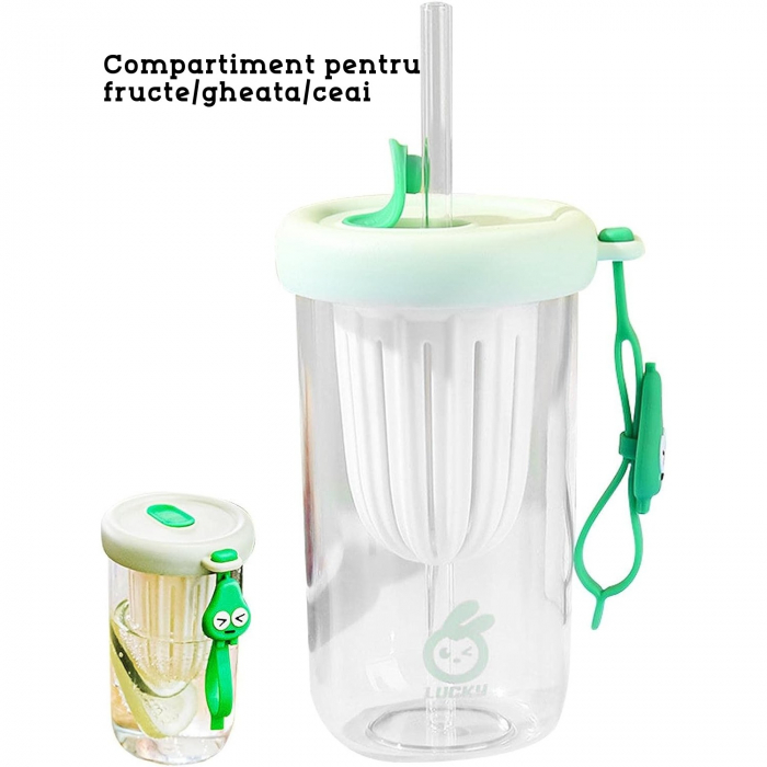 Pahar din silicon, cu capac si pai, pentru copii, Flippy, anti-cadere, compartiment pentru fructe/ceai/gheata, rezistent la temperaturi inalte, 500ml, Verde, 14.5x8.8x20 cm [2]