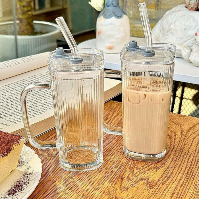 Pahar pentru Racoritoare, Flippy, din Sticla, 330 ml, cu Pai si Maner, Model Clear Dungi Verticale, Transparent [4]