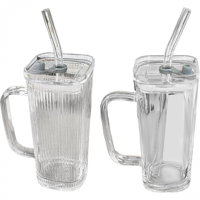 Pahar pentru Racoritoare, Flippy, din Sticla, 330 ml, cu Pai si Maner, Model Clear Dungi Verticale, Transparent [5]