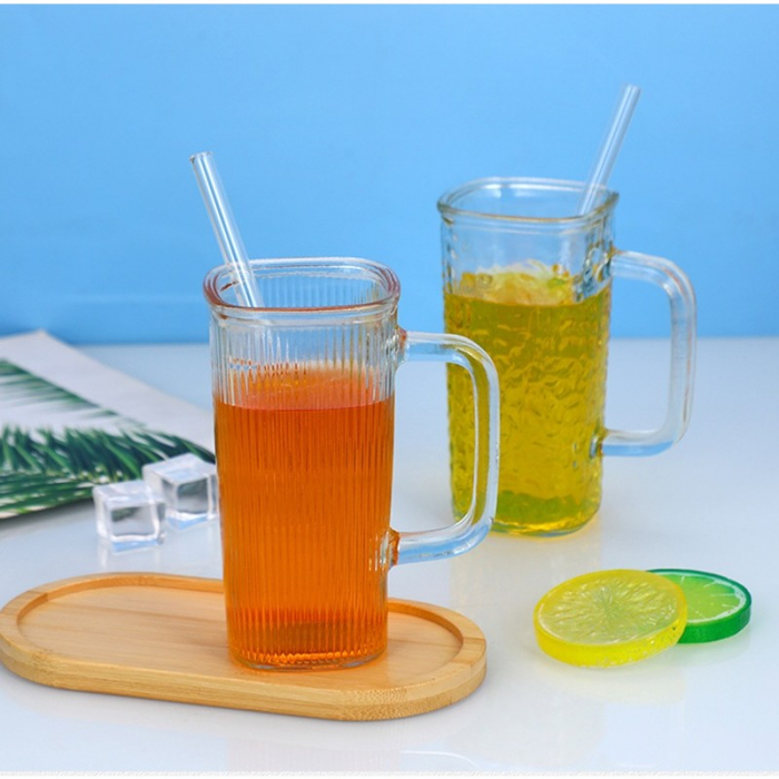 Pahar pentru Racoritoare, Flippy, din Sticla, 330 ml, cu Pai si Maner, Model Clear Dungi Verticale, Transparent [3]