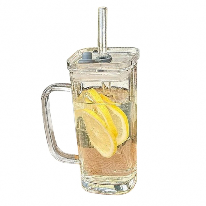 Pahar pentru Racoritoare, Flippy, din Sticla, 330 ml, cu Pai si Maner, Model Clear, Transparent [1]
