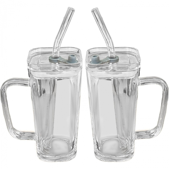 Pahar pentru Racoritoare, Flippy, din Sticla, 330 ml, cu Pai si Maner, Model Clear, Transparent [3]