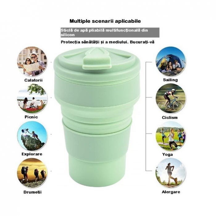 Pahar pliabil din silicon Flippy, pentru calatorii, camping, 350 ml, 8.2x6.3x9.1 cm, verde [5]