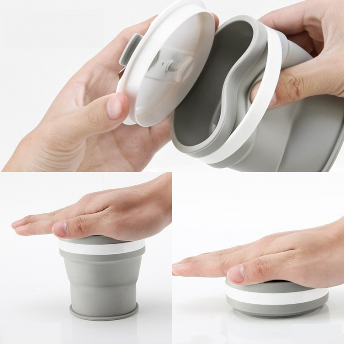 Pahar pliabil din silicon Flippy, prentru calatorii, 350 ml, pai inclus, 9 x 9.2 cm, gri [2]