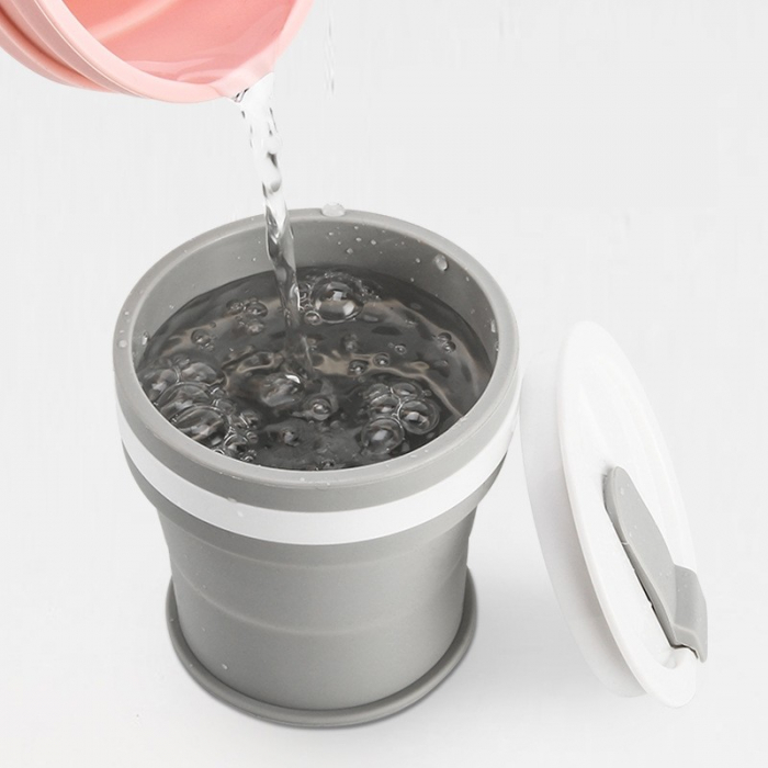 Pahar pliabil din silicon Flippy, prentru calatorii, 350 ml, pai inclus, 9 x 9.2 cm, gri [5]