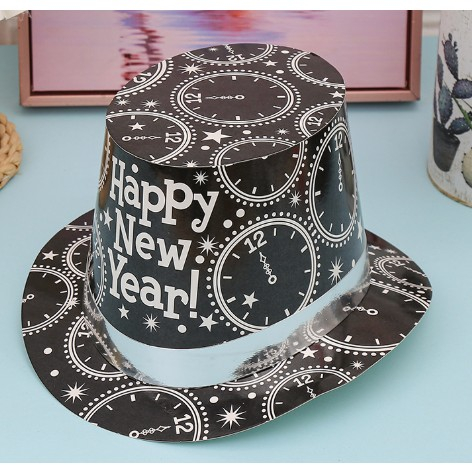 Palarie Tip Lincoln, Flippy, Model Happy New Year cu Ceasuri, Accesoriu Petrecere de Anul Nou, Marime Universala, din Carton, Negru/Argintiu [2]