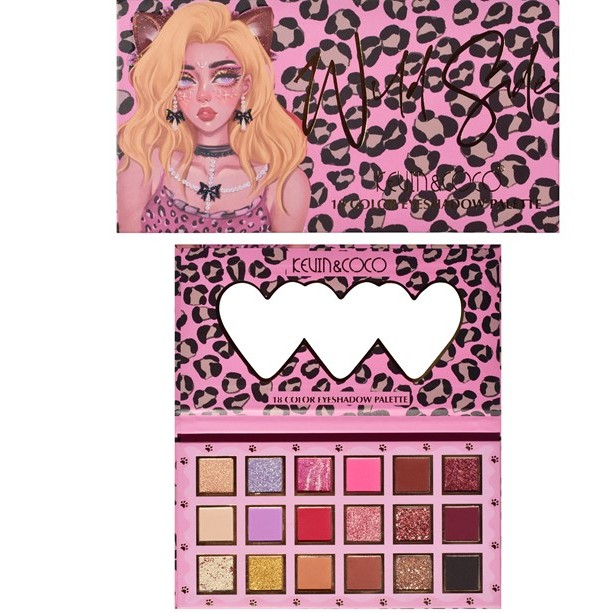 Paleta de farduri Kevin&amp;Coco, 18 nuante, imprimeu leopard-print roz, oglinda interioara, dreptunghiulara, 19 x 10 cm, 180 g, multicolor [1]