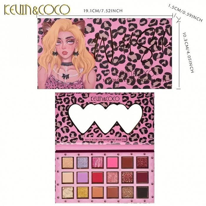 Paleta de farduri Kevin&amp;Coco, 18 nuante, imprimeu leopard-print roz, oglinda interioara, dreptunghiulara, 19 x 10 cm, 180 g, multicolor [3]