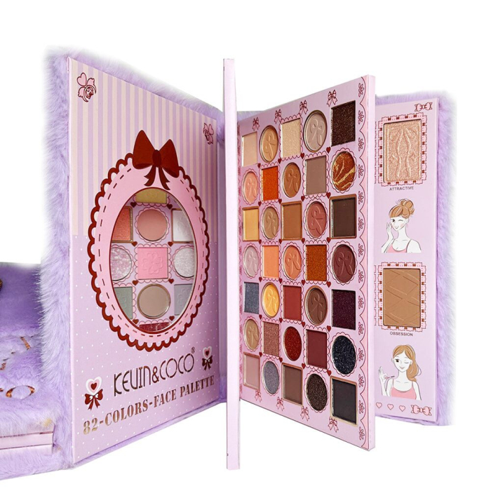 Paleta de Machiaj tip Carte, Kevin&amp;Coco, Model Purple Plush Bow Palette, 82 Nuante, Paleta All-in-One, Farduri, Blush si Iluminatoare, 22.8x17.4x4.6 cm, Multicolor [4]