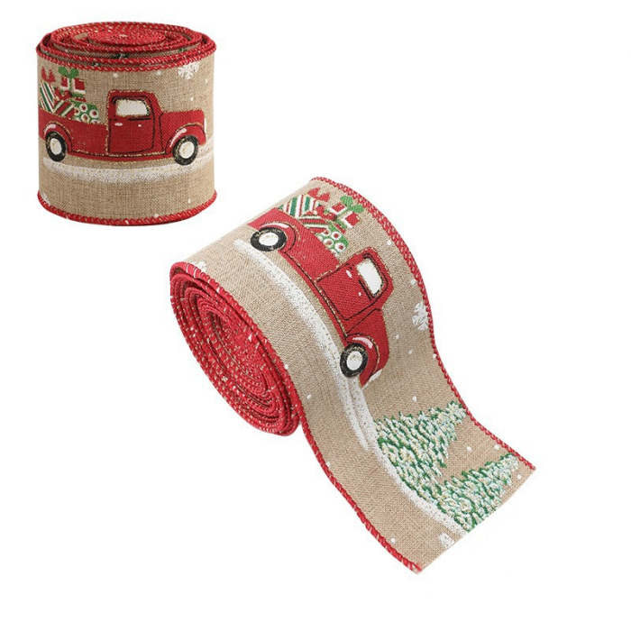 Panglica Decorativa pentru Craciun, Flippy, Ornament pentru Brad de Craciun, Pretreceri, Panglica cu Design Masina Rosie, 200 x 6.3 cm, Khaki  [2]