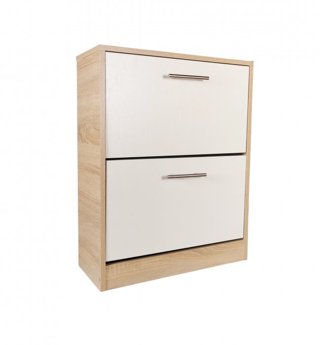Pantofar Ancona cu doua sertare, stejar alb si alb, 63x24x81.5 cm [2]