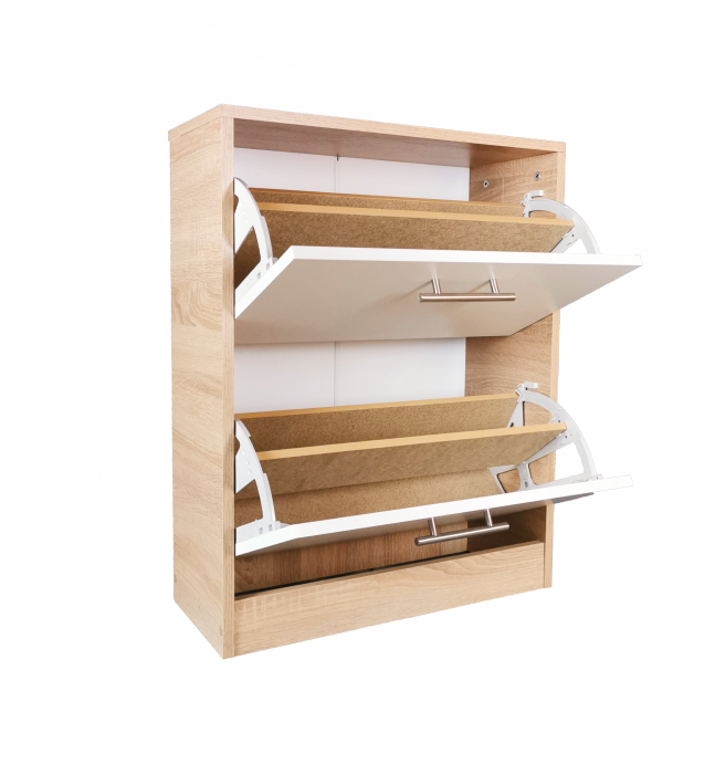 Pantofar Ancona cu doua sertare, stejar alb si alb, 63x24x81.5 cm [4]