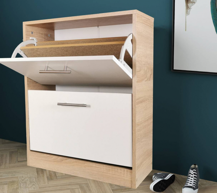Pantofar Ancona cu doua sertare, stejar alb si alb, 63x24x81.5 cm [5]